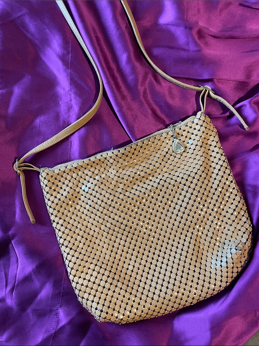 Vintage Whiting & Davis Tan Enamel Metal Mesh Handbag Crossbody Bag